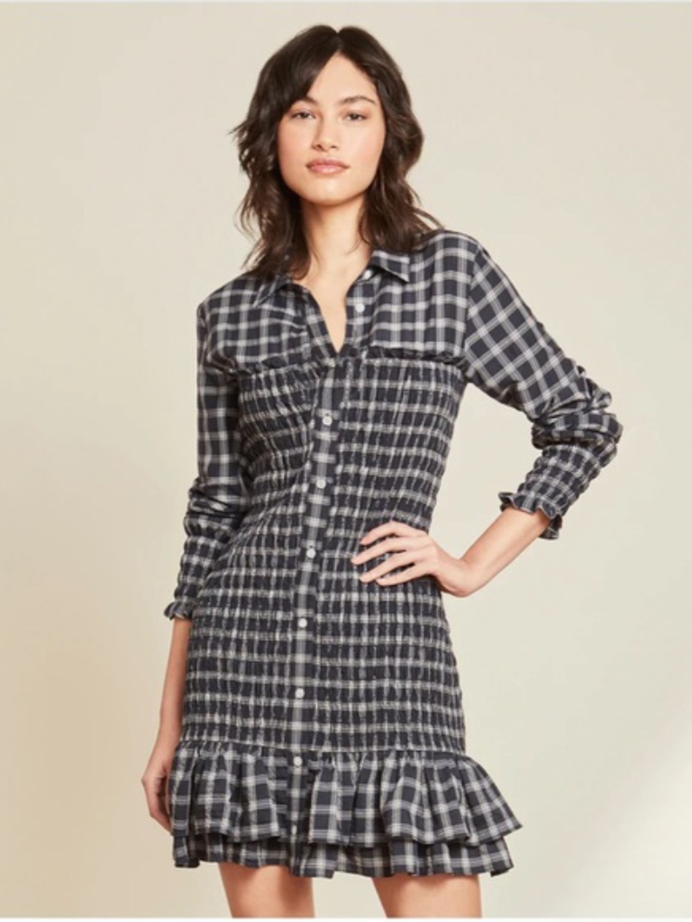 Veronica Beard Kelsey Smocked Check Plaid Dress